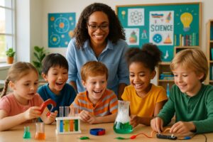 Children of various ages conducting science experiments with an adult instructor in a bright classroom.