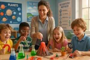 Children and a teacher conducting fun science experiments together at a classroom table filled with colorful materials and models.