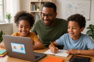 A parent and two children studying together at a table with a laptop and educational materials in a bright home setting.