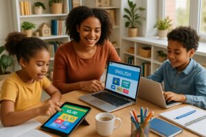 A family homeschooling at a table with laptops, tablets, and books in a bright, organized room.
