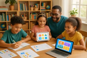 A family homeschooling together at a table with laptops, tablets, books, and educational materials in a bright room.
