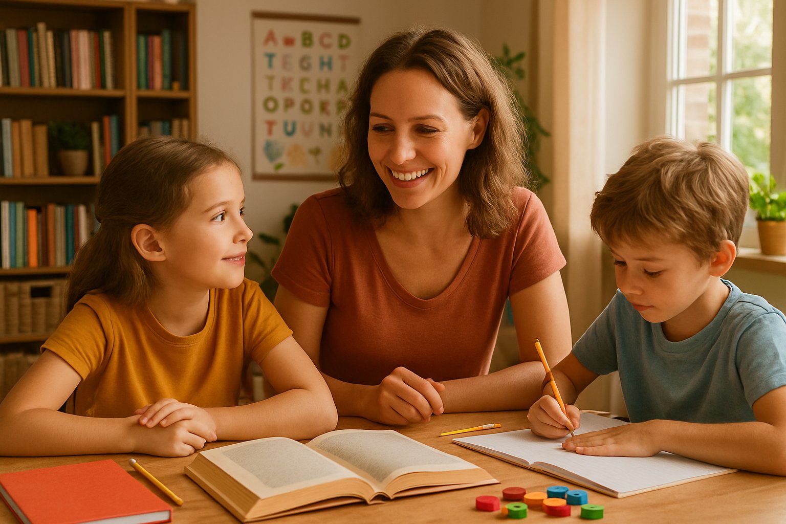 A mother and her two children learning together at a table in a bright, cozy home setting.