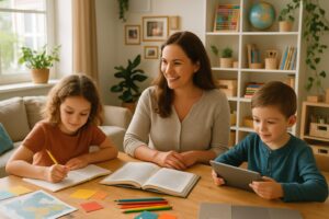 A mother teaching her two children at a table in a bright, cozy home filled with books and learning materials.