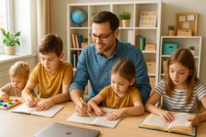A parent helping multiple children with homeschooling activities at a table in a bright room.