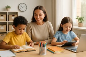 A parent calmly helping two children with homeschooling at a tidy table filled with educational materials in a bright room.
