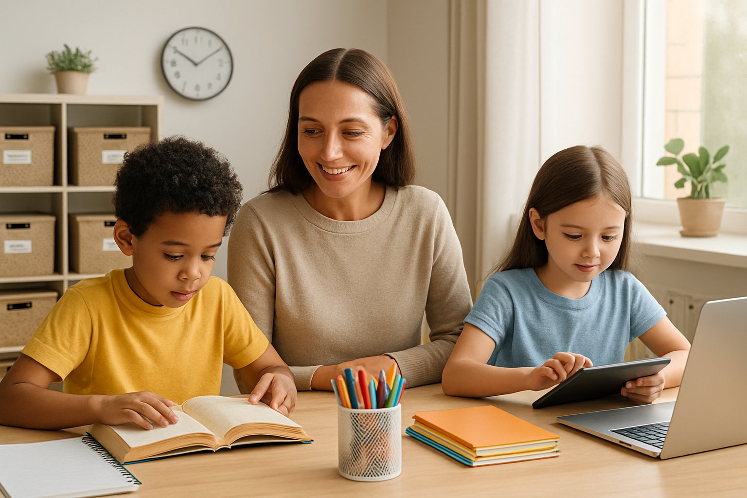 A parent calmly helping two children with homeschooling at a tidy table filled with educational materials in a bright room.
