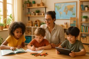 A parent happily teaching three children at a table with books, drawings, and a tablet in a bright, cozy home classroom.