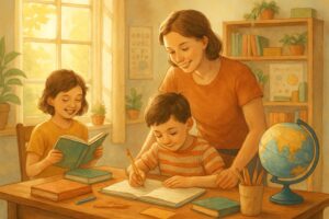 A parent and two children engaged in a morning homeschool routine at a wooden table with books and learning materials in a bright room with natural sunlight.