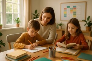 A parent and two children engaged in a calm homeschool morning routine at a wooden table filled with books and school supplies in a bright, organized room.