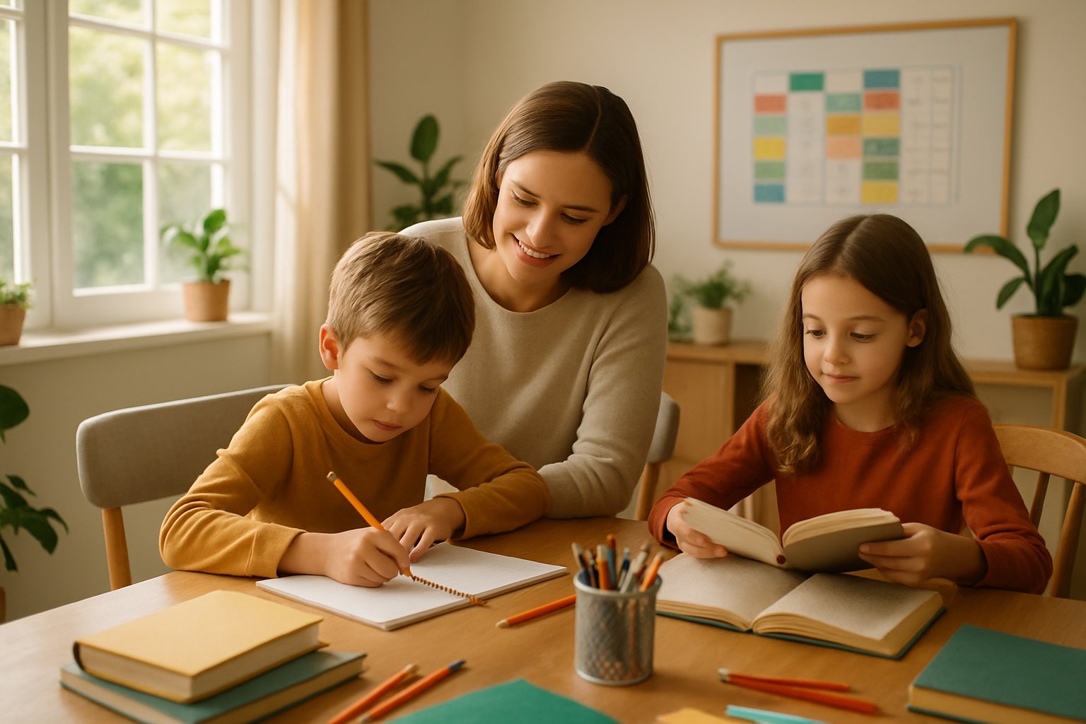 A parent and two children engaged in a calm homeschool morning routine at a wooden table filled with books and school supplies in a bright, organized room.