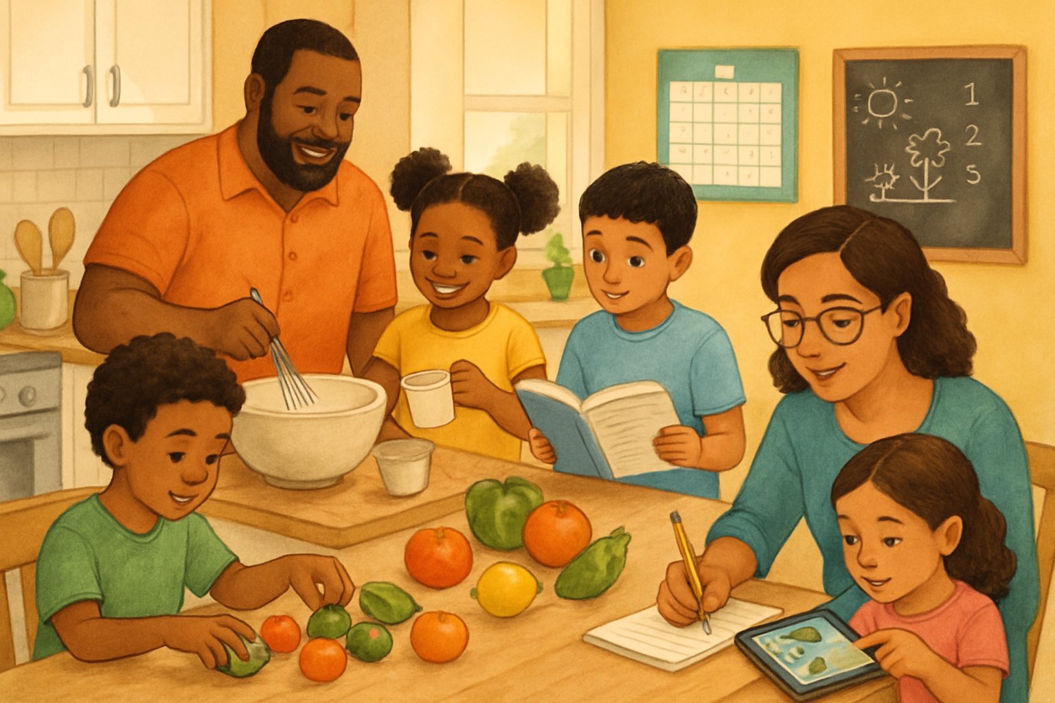 A family cooking and learning together in a bright kitchen, with children measuring ingredients, sorting fruits, and using a tablet while a parent assists.