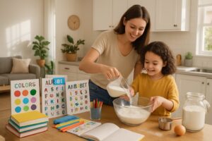 Parent and child baking together in a bright kitchen, surrounded by educational materials and natural light.