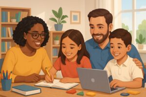 A family learning together at a table in a bright, organized home setting with books and educational materials.