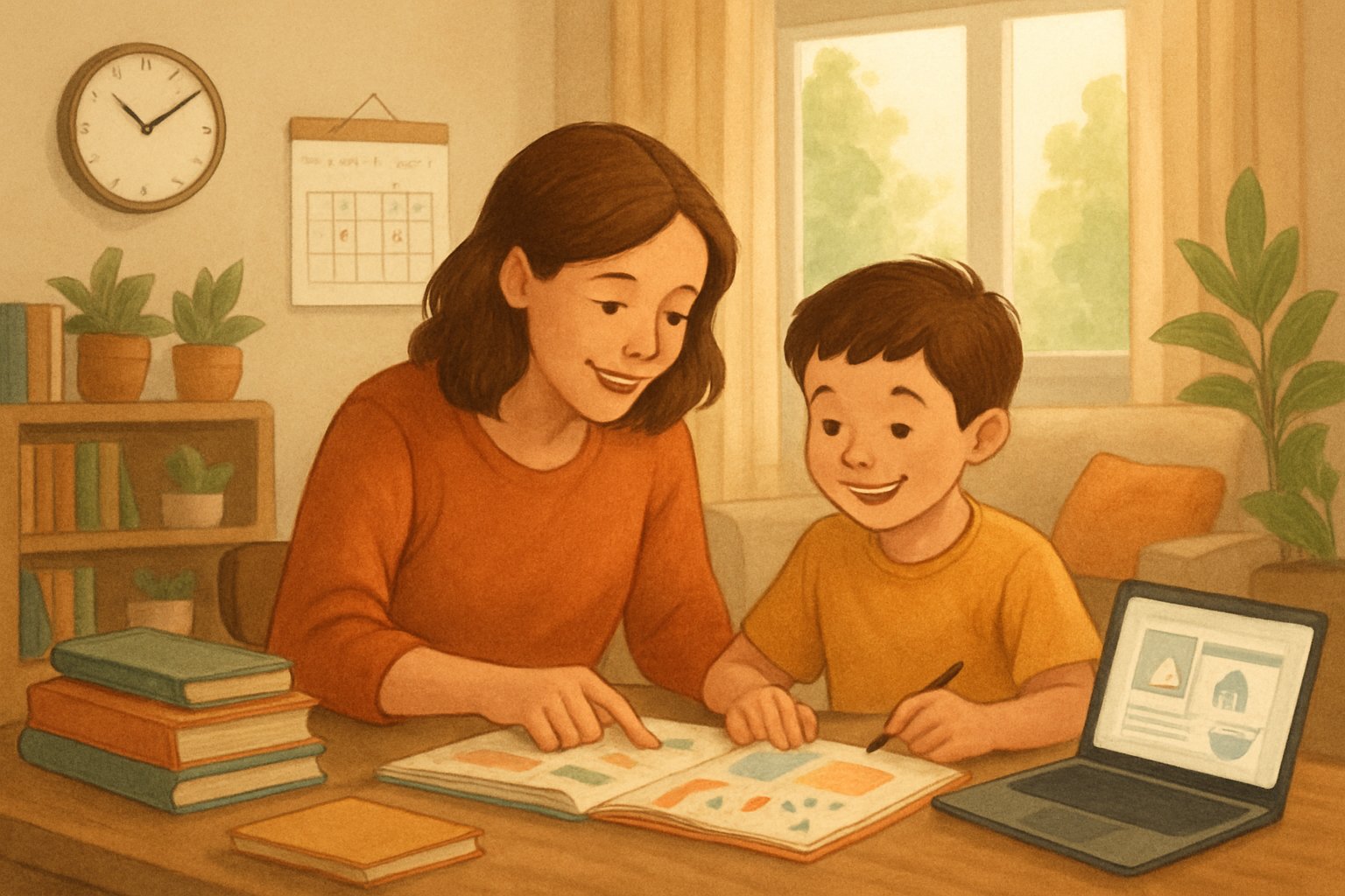 A parent and child learning together at a table in a bright, cozy home with educational materials and symbols of flexible scheduling around them.
