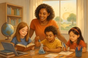 A parent and diverse children learning together in a bright room filled with books and educational materials, with a sunrise visible through a window symbolizing growth and future potential.