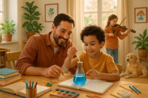 A parent and child working together on a science experiment at a table in a bright room, with another child playing a musical instrument nearby and a pet sitting close by.