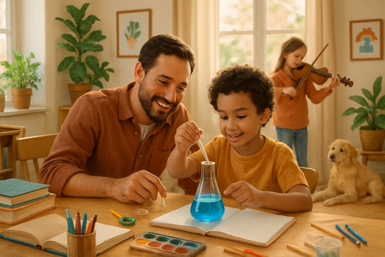 A parent and child working together on a science experiment at a table in a bright room, with another child playing a musical instrument nearby and a pet sitting close by.