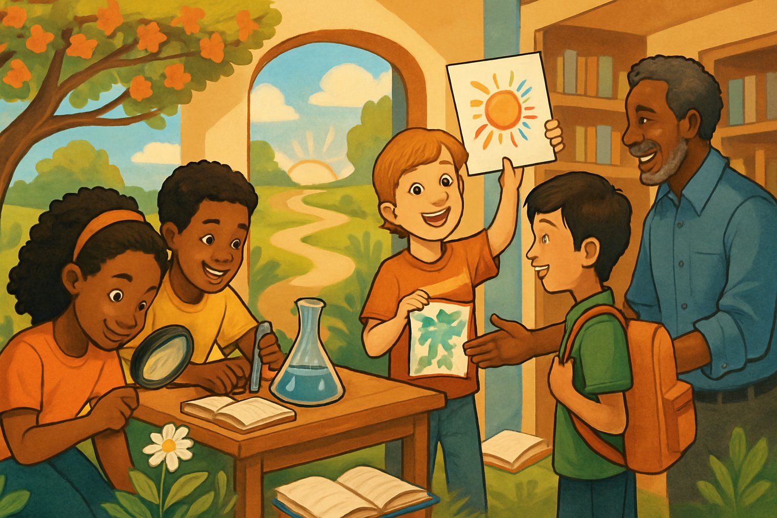 Children of different backgrounds learning and socializing together outdoors and indoors, exploring nature, working on projects, and interacting with others.