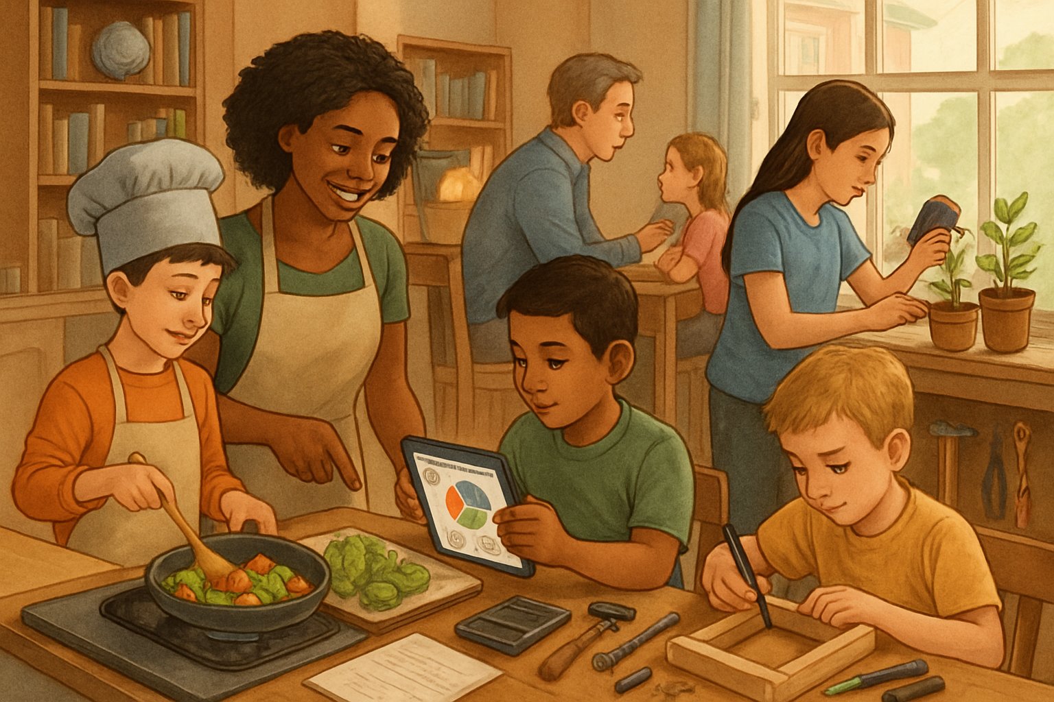A diverse group of children and a parent engaged in various life skills activities like cooking, budgeting, gardening, and DIY projects in a bright, cozy home setting.
