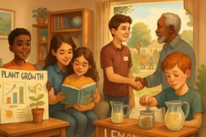 A group of children and teenagers engaged in various activities like presenting a project, reading, volunteering, and running a lemonade stand in a home and community setting.