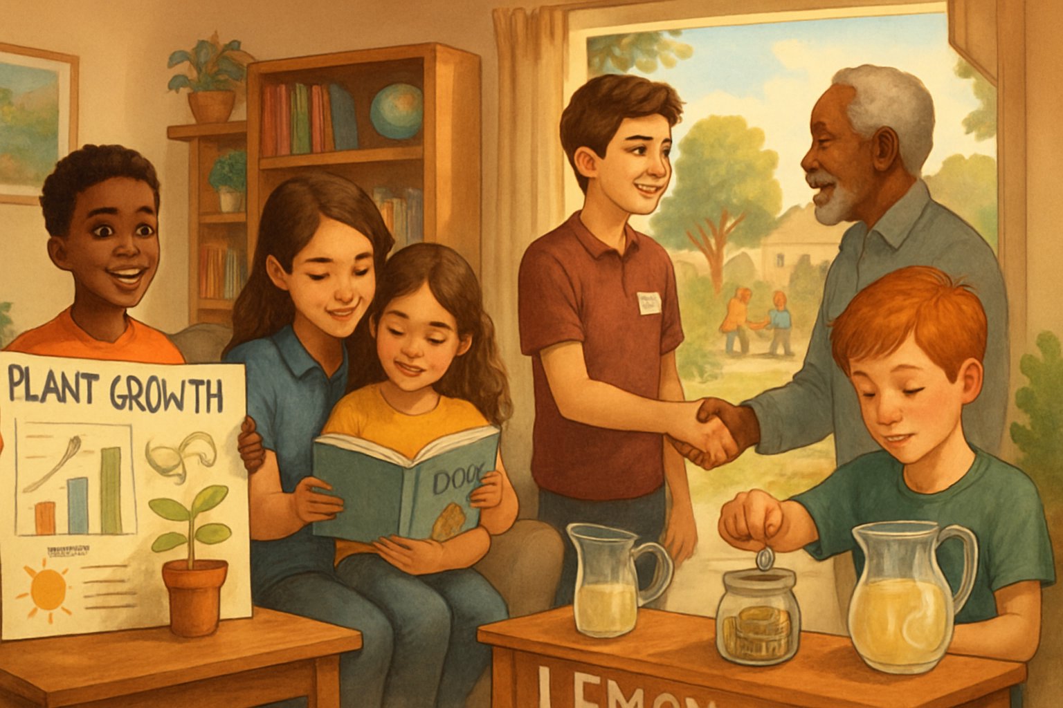 A group of children and teenagers engaged in various activities like presenting a project, reading, volunteering, and running a lemonade stand in a home and community setting.