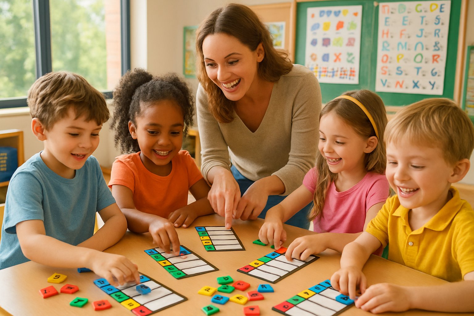 Young children working together with letter tiles on blend ladders in a bright classroom, guided by a teacher.