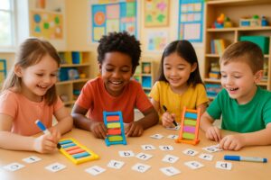 Young children happily working together on phonics activities using colorful learning tools in a bright classroom.