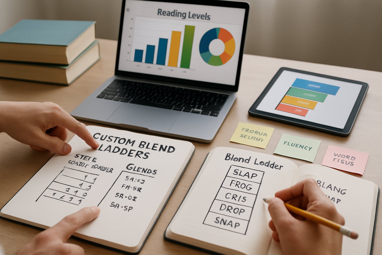 A person working at a desk with a laptop, notebooks, and educational materials, focusing on notes and charts related to creating reading level guides.