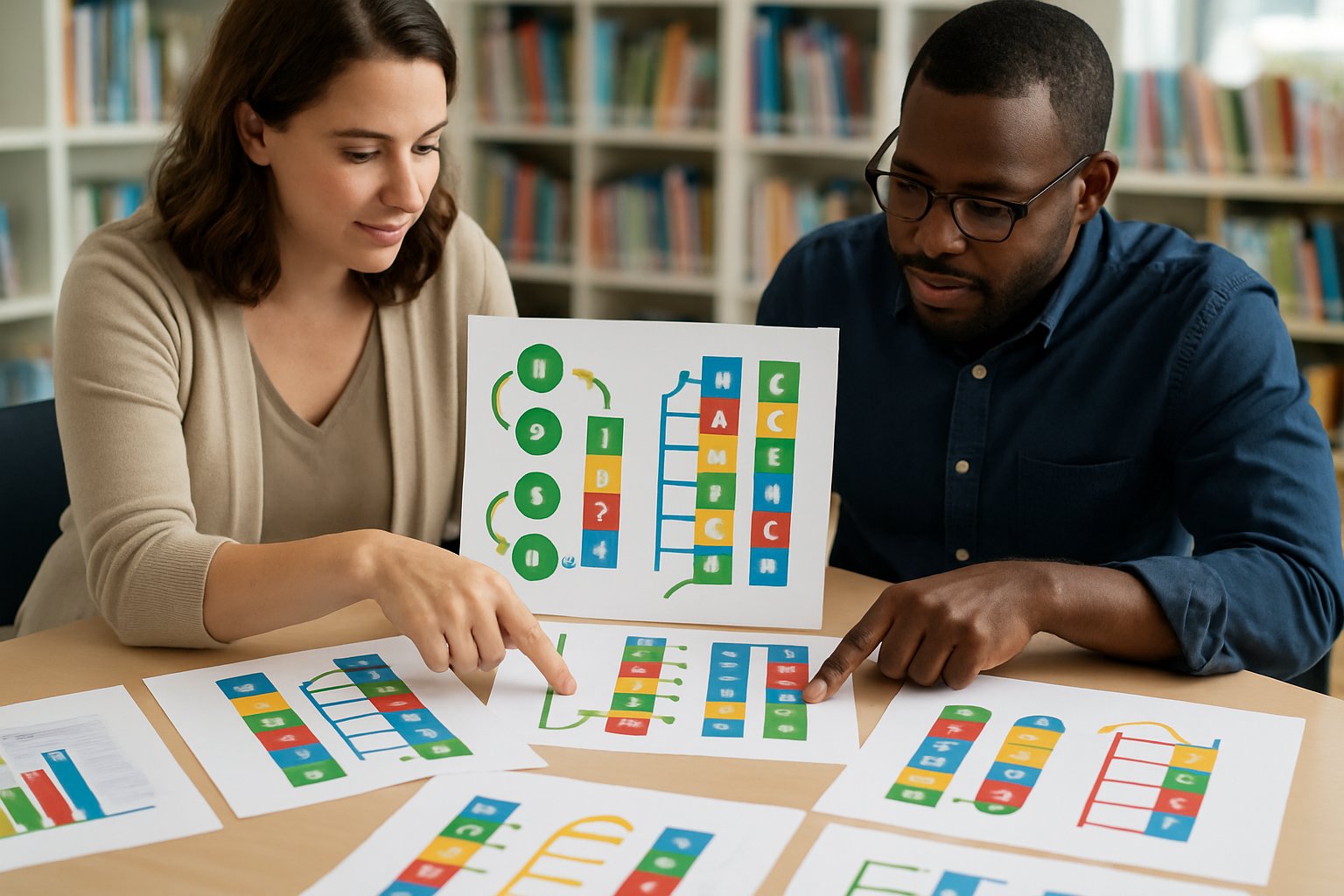 Educators discussing colorful charts and diagrams about blend ladders in a bright classroom setting.