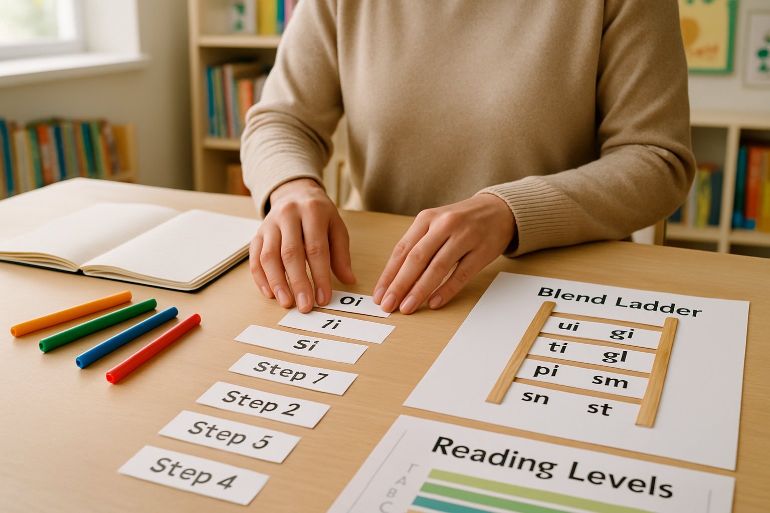 An educator's hands arranging reading materials and flashcards on a desk in a classroom with bookshelves and educational posters in the background.