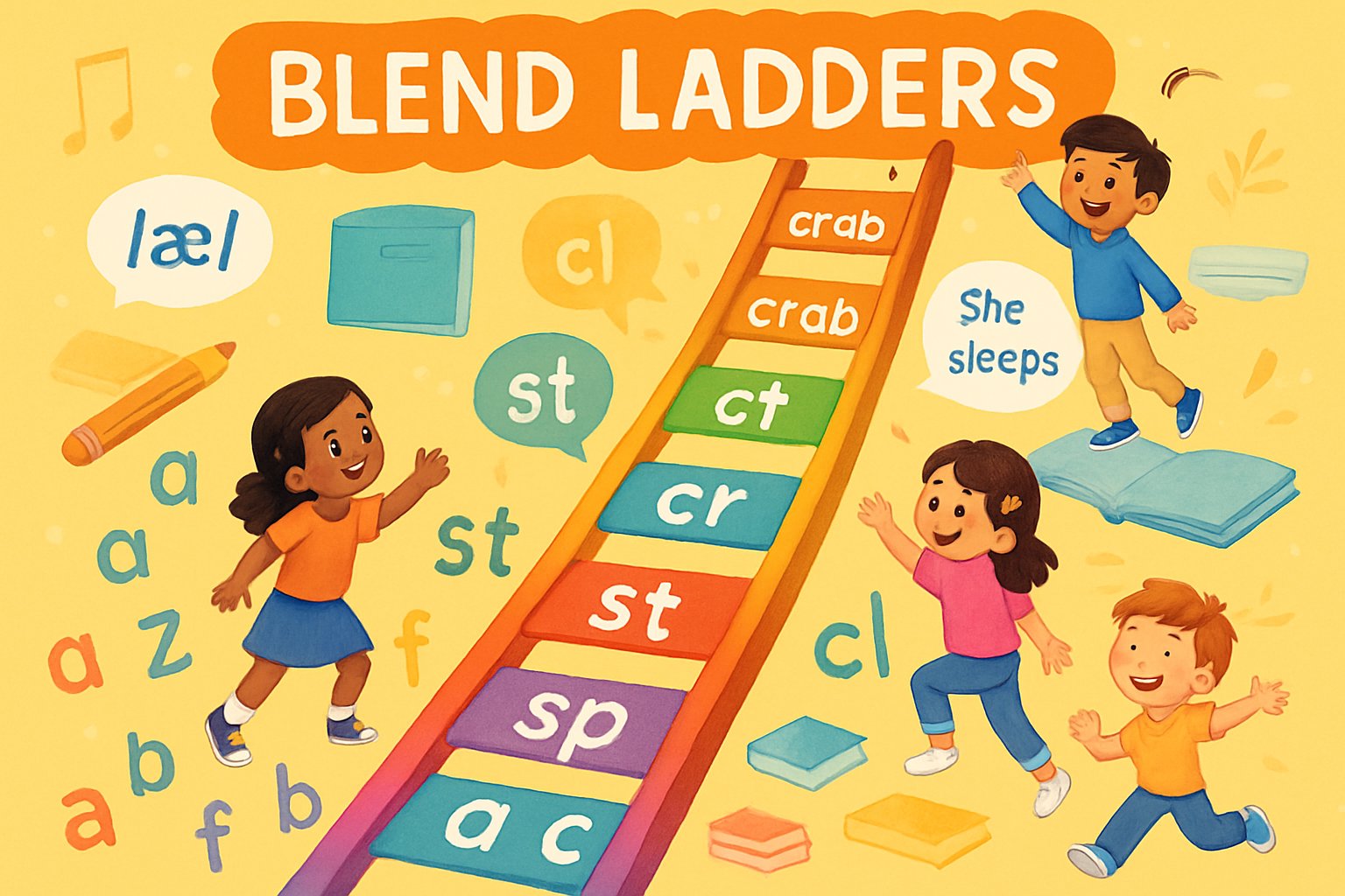 Children climbing a colorful ladder made of letter blends, progressing from individual sounds at the bottom to words and sentences at the top, symbolizing early literacy development.