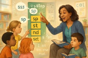 A teacher helps young children use a colorful blend ladder chart to learn phonetic sounds, progressing from letters to sentences in a bright classroom.