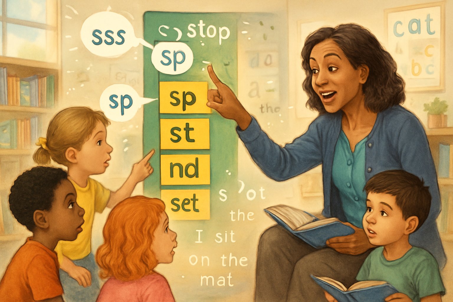A teacher helps young children use a colorful blend ladder chart to learn phonetic sounds, progressing from letters to sentences in a bright classroom.
