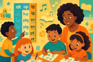 Children learning to read and spell with a teacher, showing word families and blend ladders as visual aids in a colorful classroom.