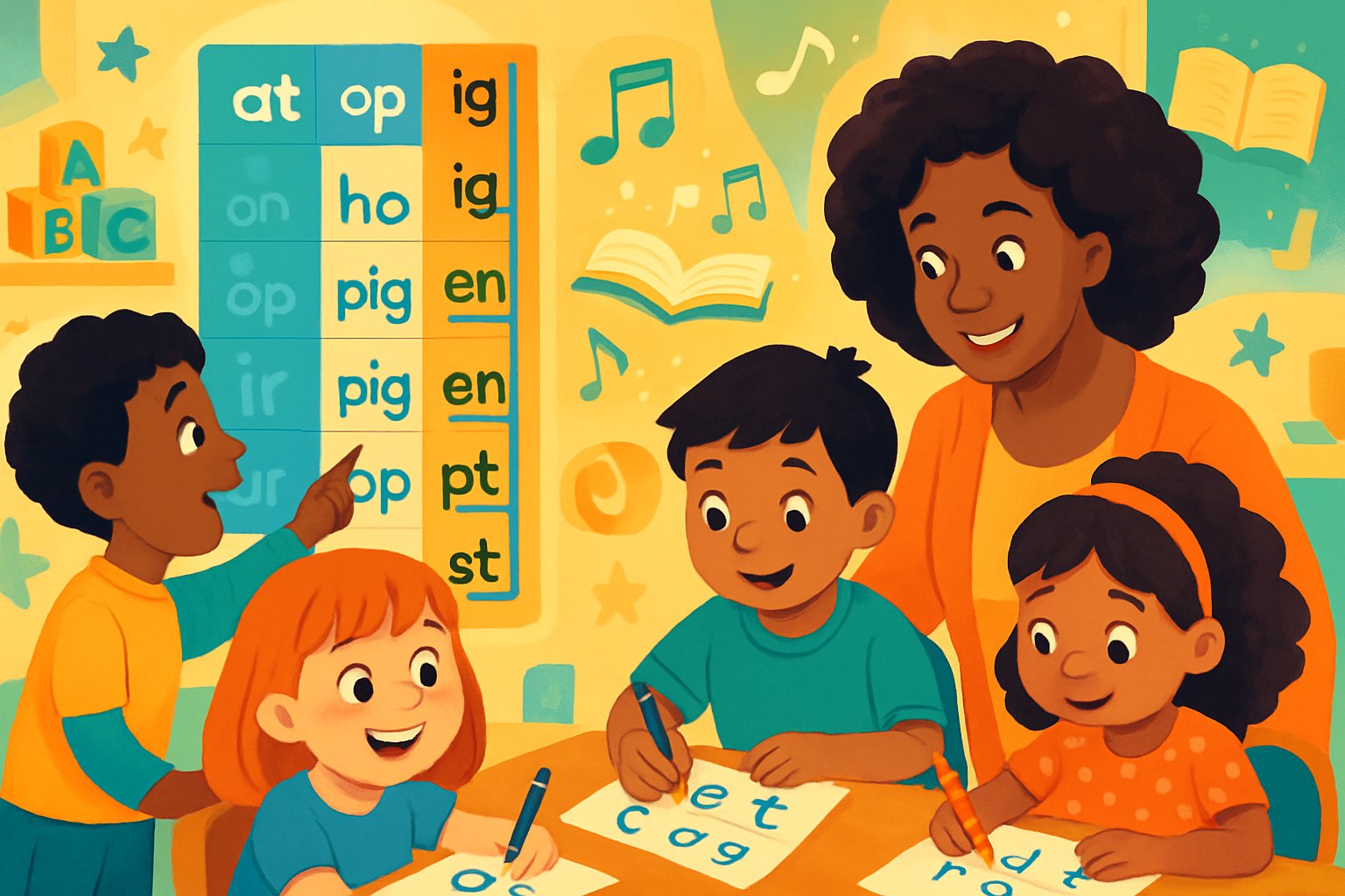 Children learning to read and spell with a teacher, showing word families and blend ladders as visual aids in a colorful classroom.