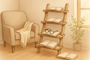 A cozy reading nook with DIY wooden ladders holding open books next to a comfortable armchair and plants.