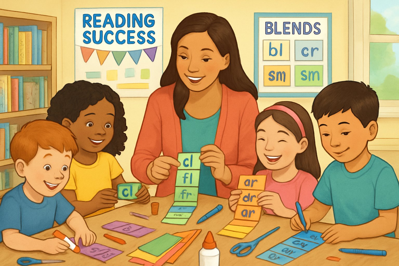 A teacher and young children working together on colorful paper ladders made from craft materials in a bright classroom focused on reading activities.