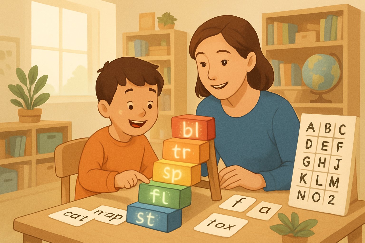 A child and an adult in a homeschool room reading together with a set of colorful books arranged like a ladder on a table.
