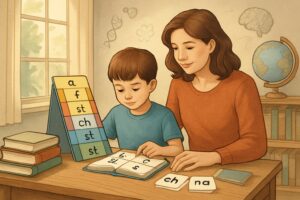 A parent and child reading together at a desk with a colorful ladder-shaped chart showing letters and blends, surrounded by books and educational materials in a cozy homeschool classroom.