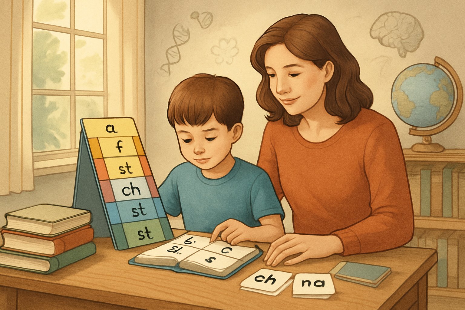 A parent and child reading together at a desk with a colorful ladder-shaped chart showing letters and blends, surrounded by books and educational materials in a cozy homeschool classroom.