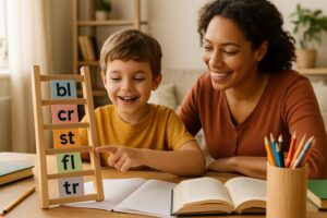 A child and parent reading together at a table with a wooden blend ladder holding colorful letter tiles, surrounded by books and learning materials in a cozy home setting.