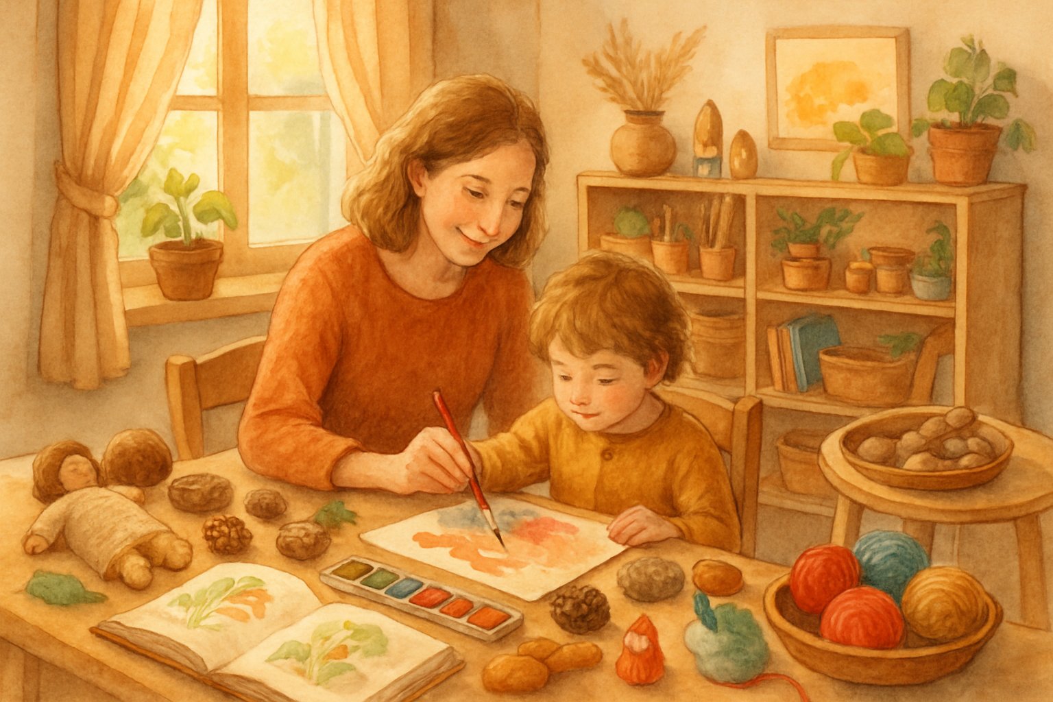 A parent and child doing creative activities together in a cozy, sunlit room filled with natural materials, art supplies, and plants.