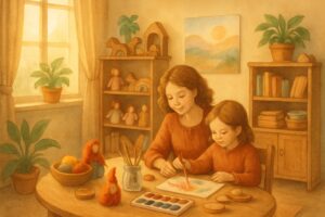 A parent and child doing a creative craft together in a cozy, nature-inspired homeschooling room filled with wooden toys, plants, and art supplies.