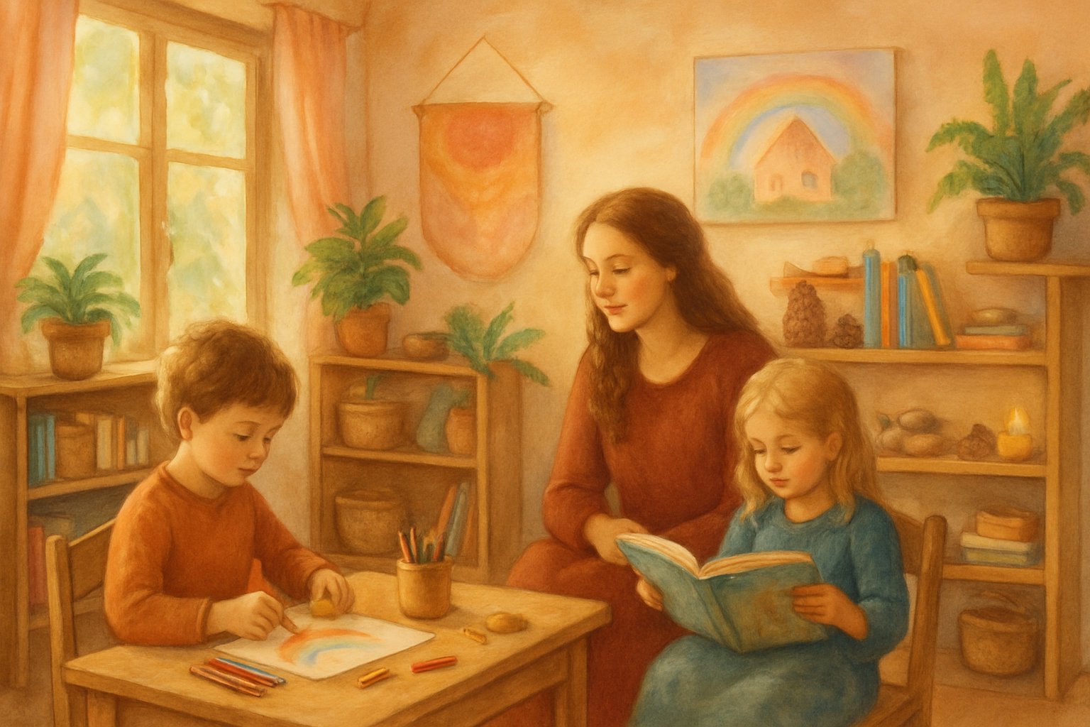 A child drawing at a wooden table in a bright room with natural materials and an adult guiding them, surrounded by books, plants, and handmade educational items.