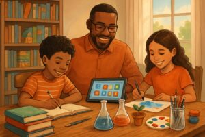 A family learning together at a table with books, a tablet, science experiments, and art supplies in a bright room.