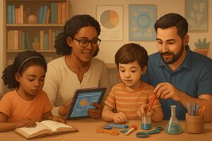 A family of parents and children learning together at home using books, experiments, and digital tools in a cozy study area.