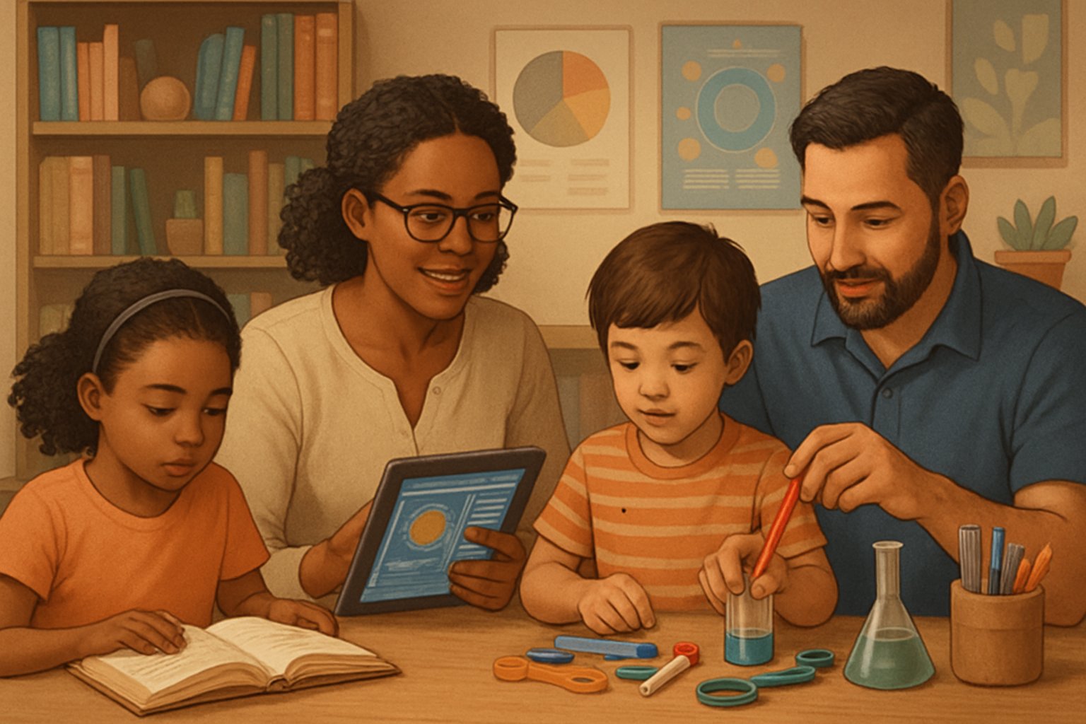 A family of parents and children learning together at home using books, experiments, and digital tools in a cozy study area.