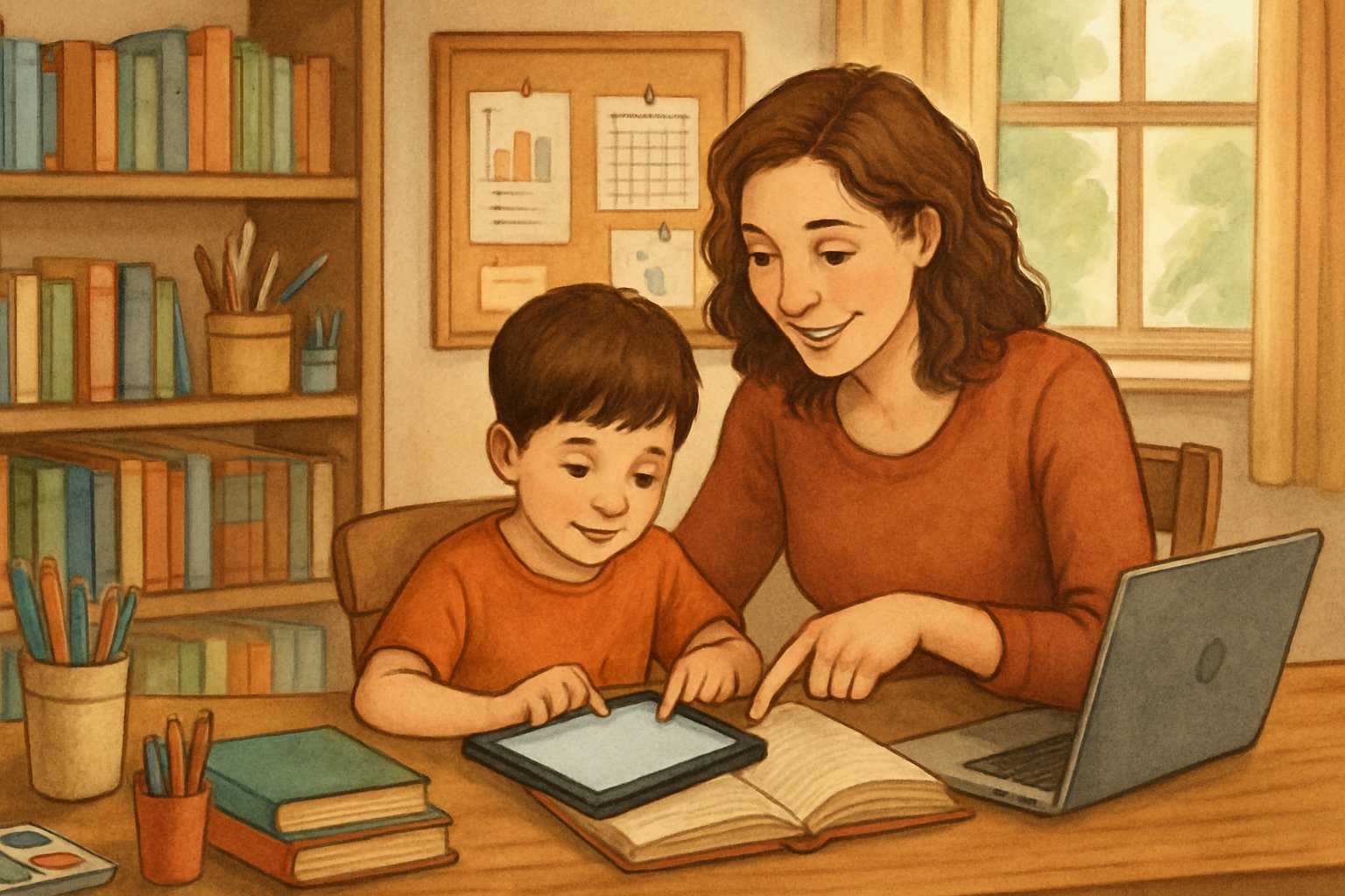 A parent and child learning together in a cozy room filled with books, art supplies, and digital devices, illustrating a personalized homeschooling environment.
