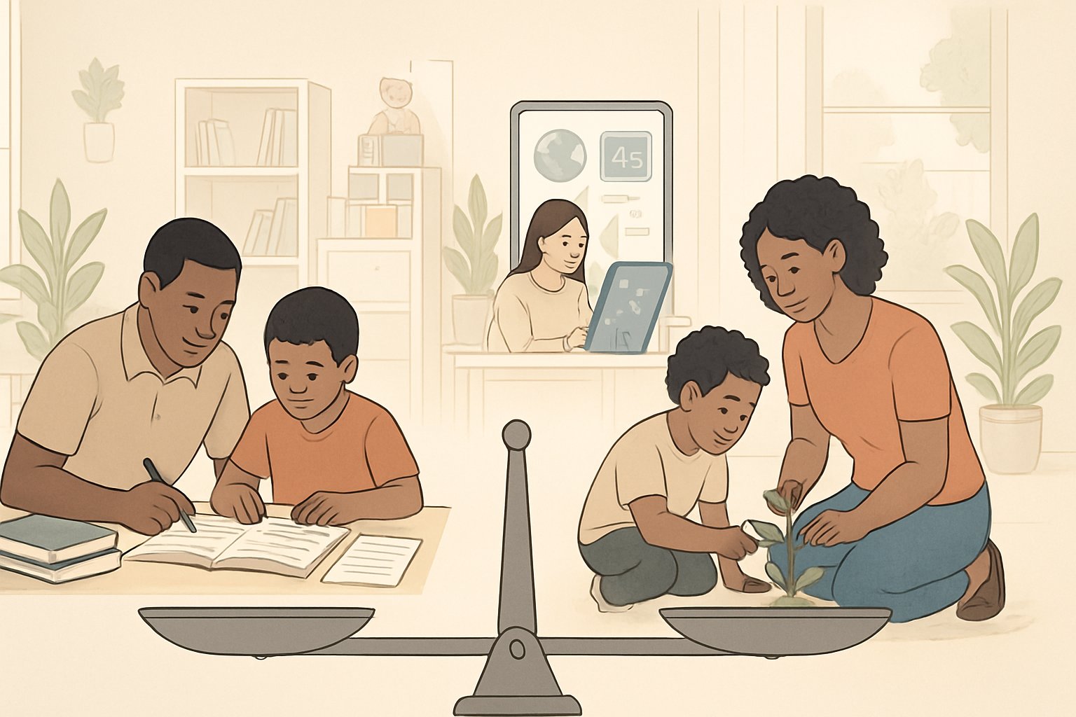 Illustration of parents and children learning together in a bright, home setting with books, nature, and a digital device.