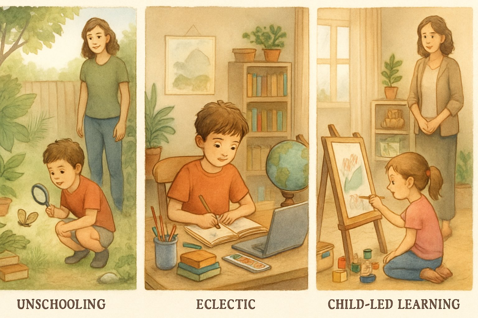 A home scene showing children learning in different ways with parents nearby, including outdoor exploration, studying with varied materials, and independent creative activities.